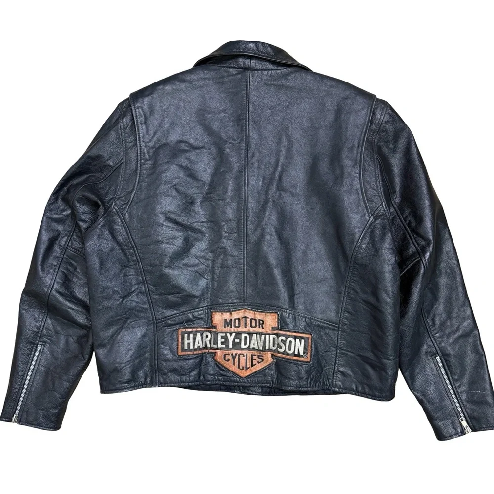 Vintage FMC black leather‎ motorcycle jacket with Harley Davidson patch XL